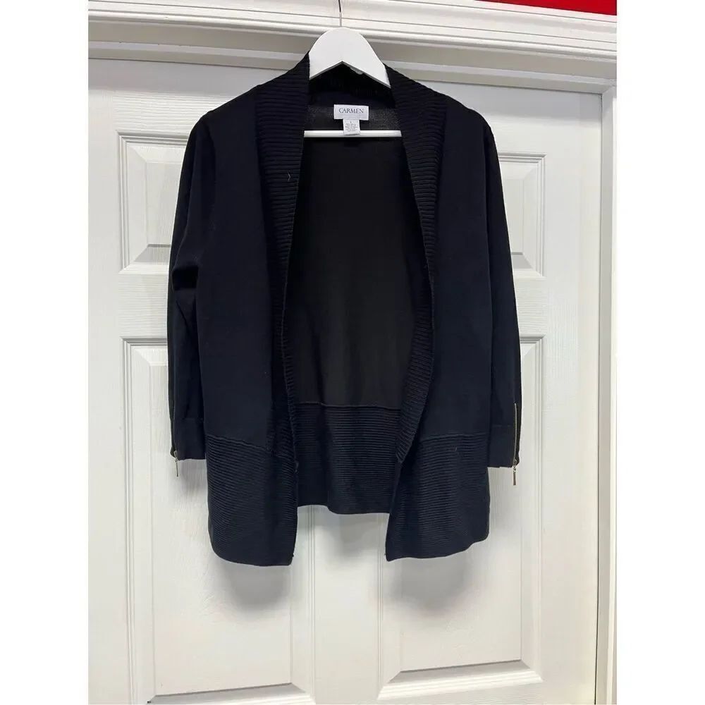 Carmen Marc Valvo Black Open Front Zipper Cuff Sweater sz L EUC